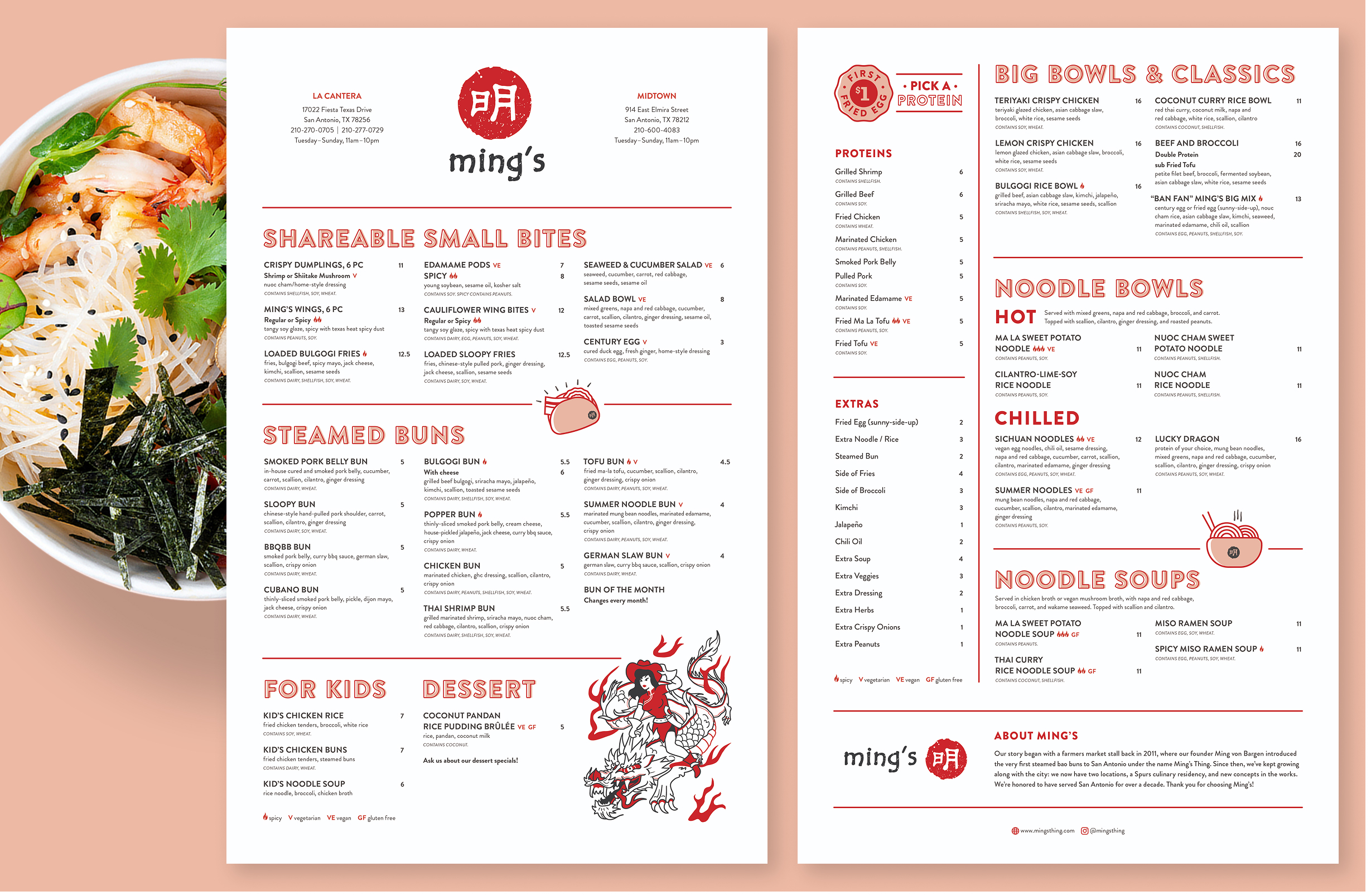 Ming's main menu with dish in background.