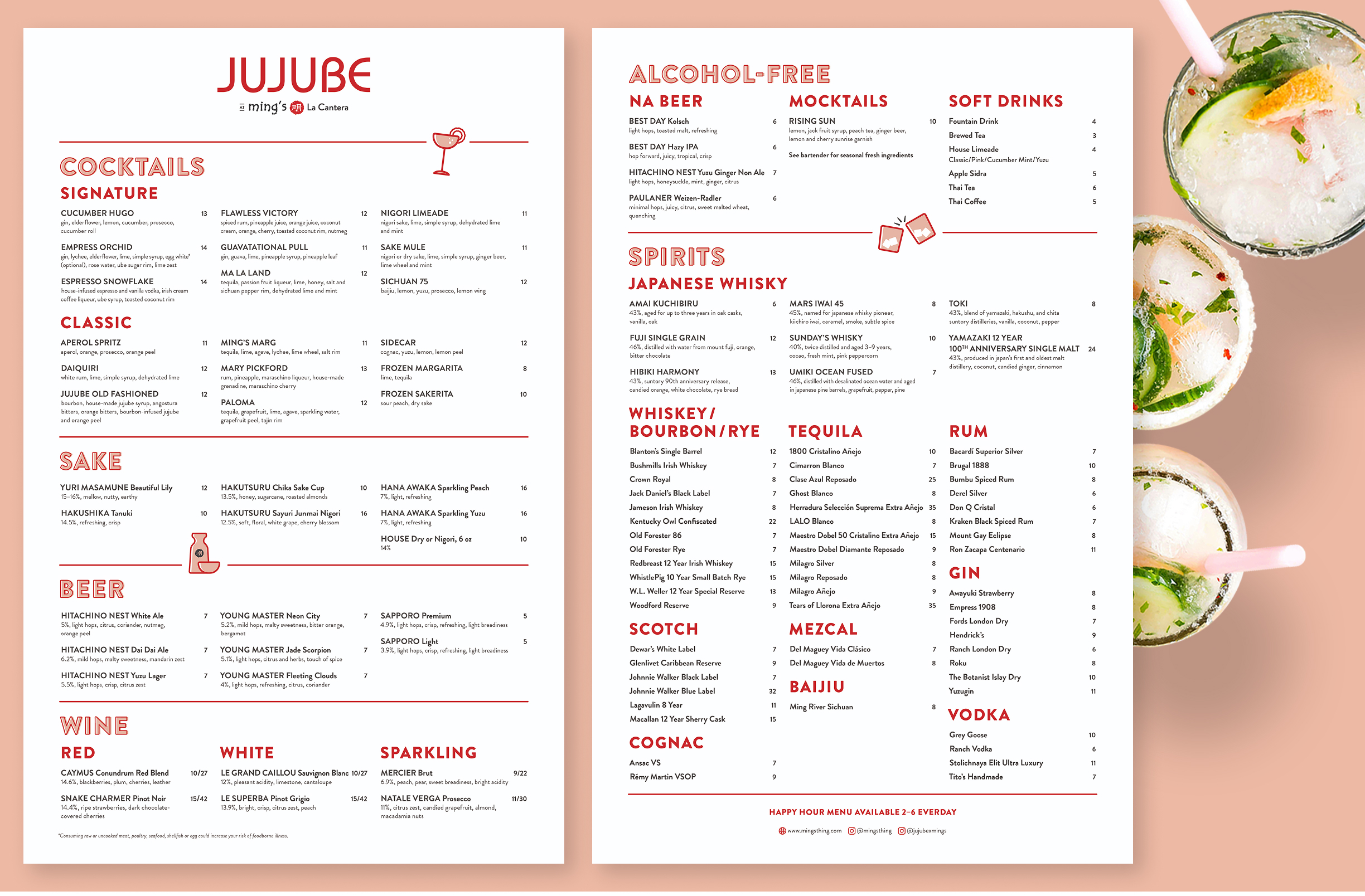 Drinks and citrus slices in background behind Jujube bar mneu.