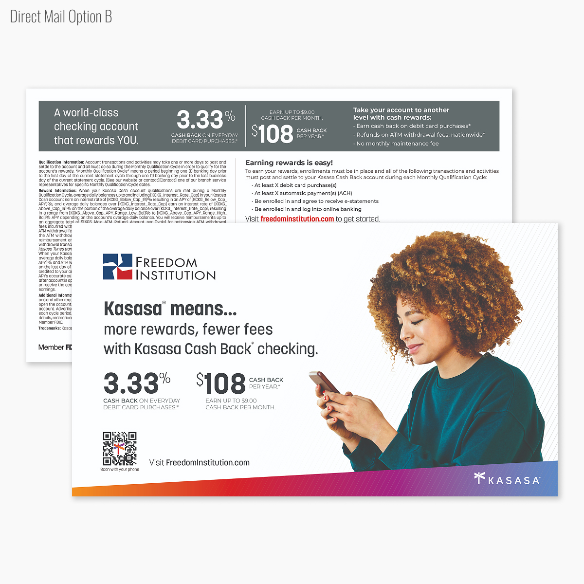 Kasasa B2C direct mail postcard for Cash Back checking.