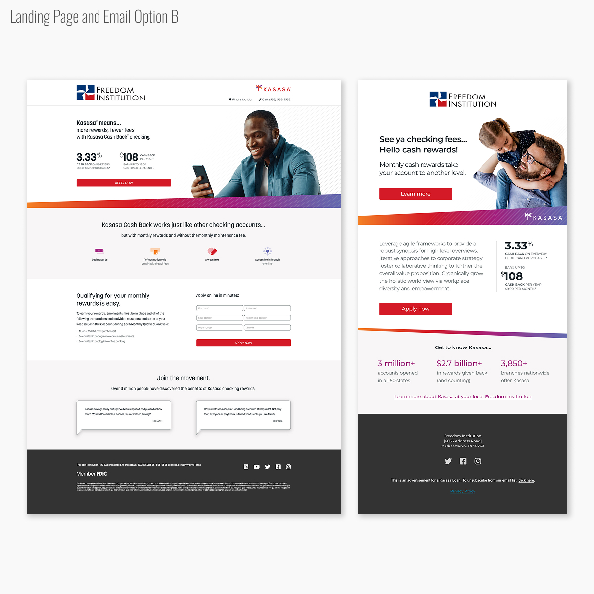 Kasasa B2C landing page and email for Cash Back checking.