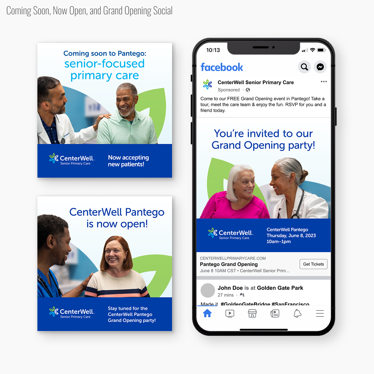 CenterWell coming soon, now open, and grand opening social posts
