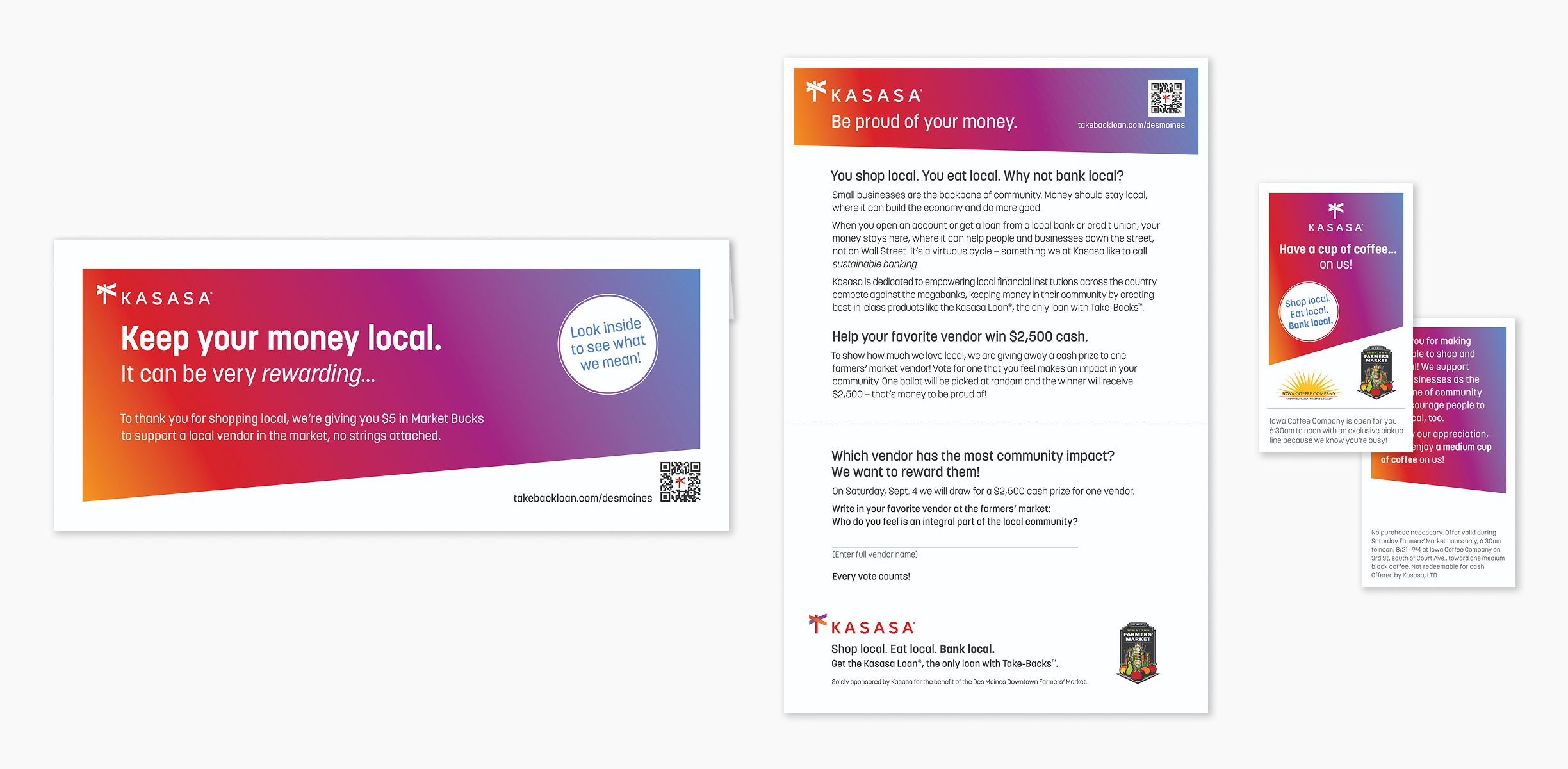 Kasasa Farmers' Market envelope, letter, coupon front and back.